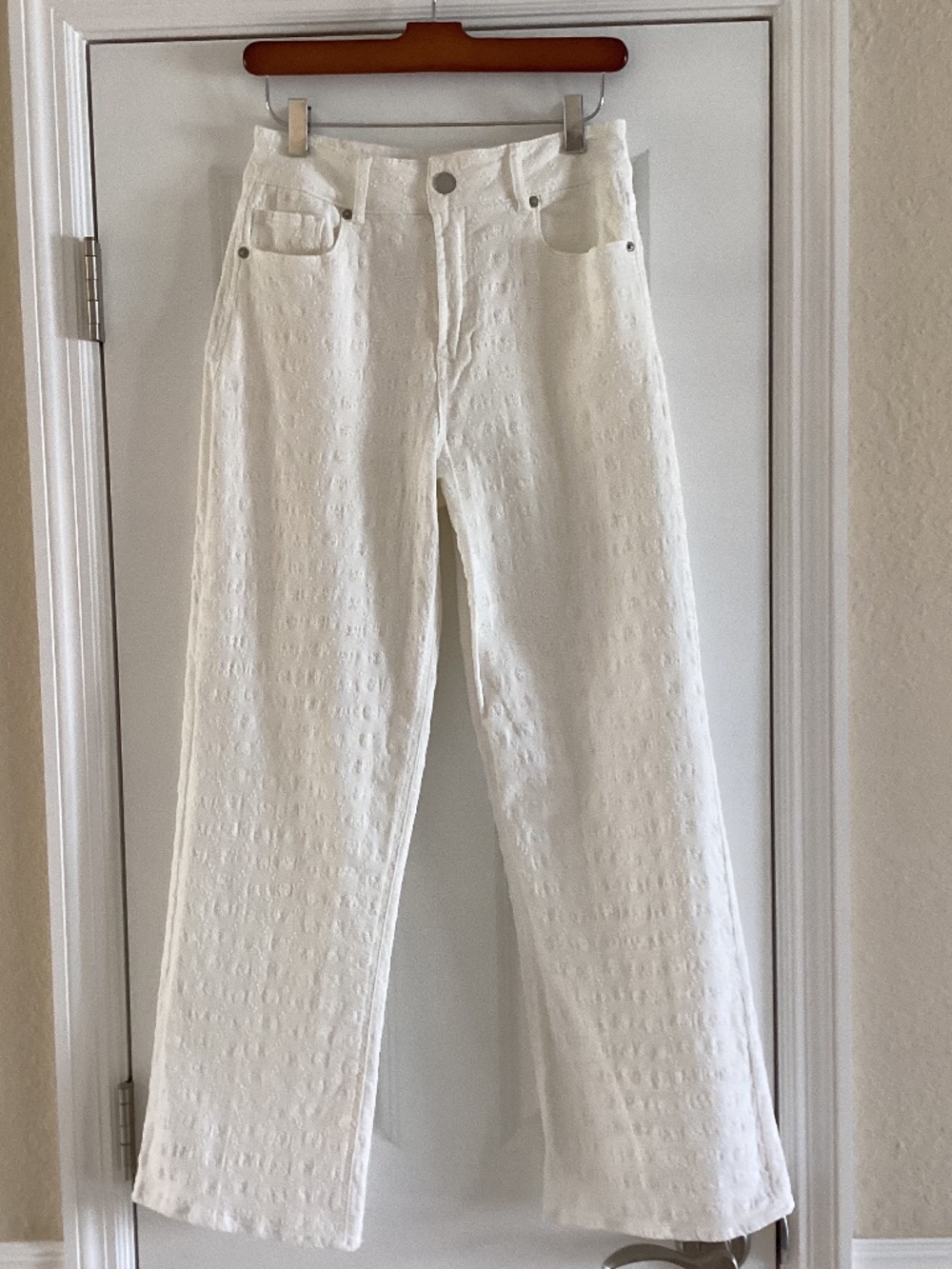 Dear John Holly High Rise Straight Leg White Pointelle Jeans Embroidered Floral